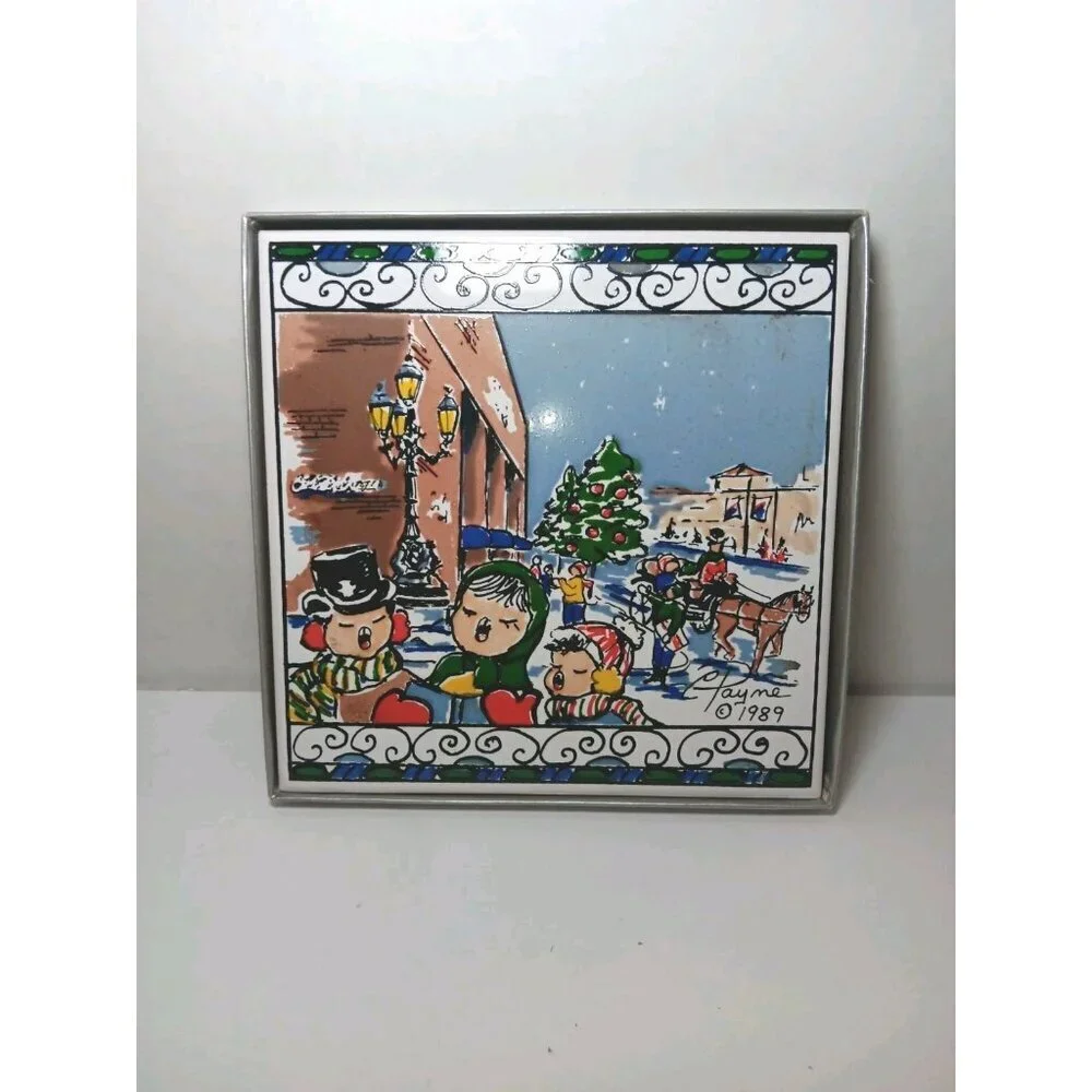 Signed Carolyn Payne Handpainted Tile Vintage 1989 Christmas
